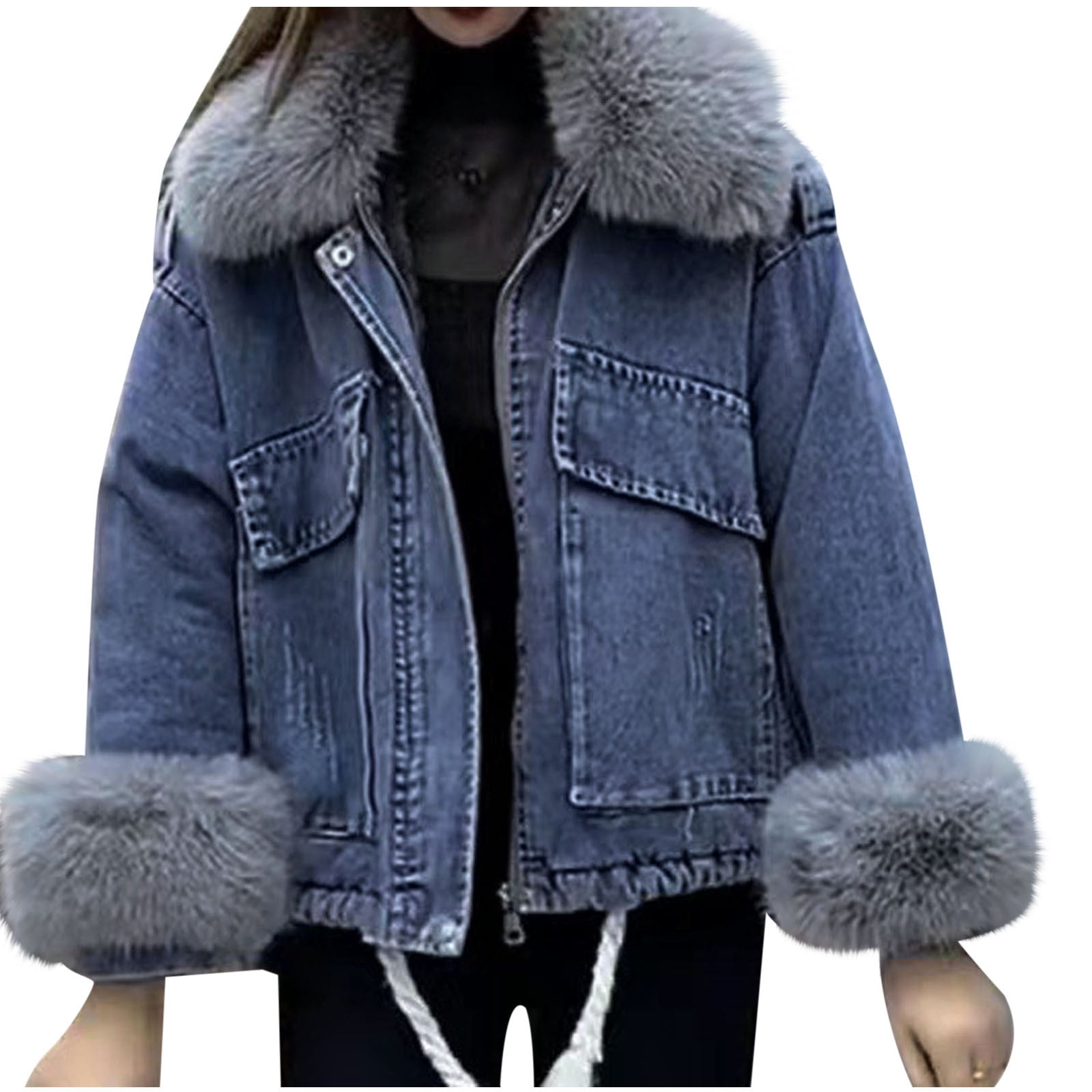 Women's Jean Jacket Big Faux Fur Collar Oversized Batwing Sleeve Denim Wool  Liner Velvet Warm Hooded fo… | Fluffy denim jacket, Denim coat jacket, Jean  jacket women